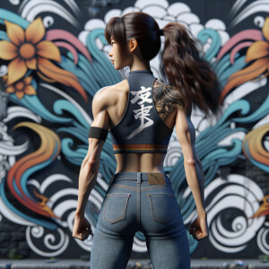 Athletic Thin skinny Attractive, Asian teenage girl, long brown hair and bangs, wearing tight skinny jeans and a halter top paint marks on her clothing, heroic pose Asian graffiti background, backside view