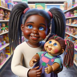 Create a 3-D realistic African-American little girl with huge blue eyes and long ponytails She is playing in her Favorite toy store with her favorite cabbage patch doll the cabbage patch now resembles her. It has very deep, dimples and Freckles