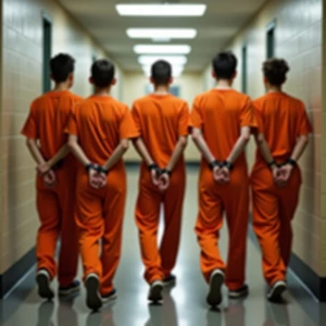 6 Caucasian teen males wearing fitted orange jumpsuits walk sing...