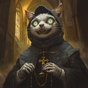 stylized, macabre demonic anthropomorphic cat with human-like fe...