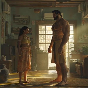 Digital art,a muscular sweaty  employ standing and welcomes  a 5...