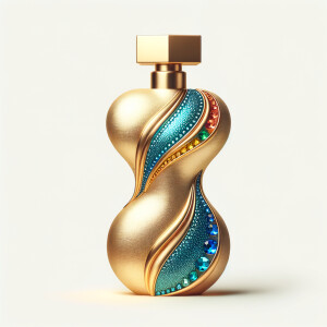 Create a 3-D realistic gold and  blue, colorful jewels perfume bottle
In the shape of a women’s body with the name Karen