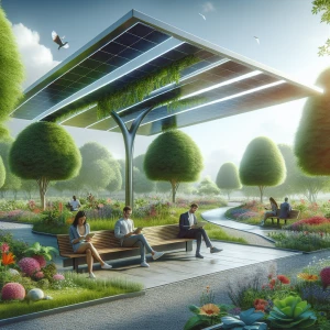 A modern park bench under a solar canopy, where people can sit and charge their devices while enjoying the greenery