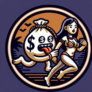 Design a circular logo featuring a cartoon character of a money...