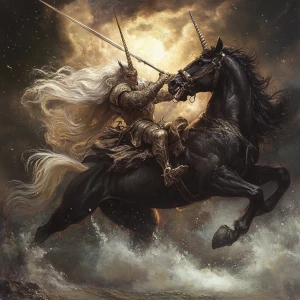 Unicorn-man fighting the black stallion