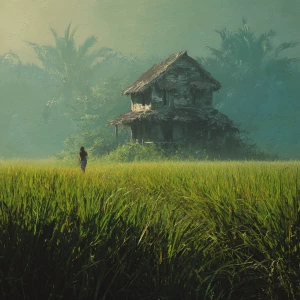 V subtle ultra realistic ..house in a paddy field from far..with...