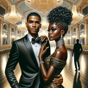 Depict an African American duo at a lavish gala. The gentleman s...