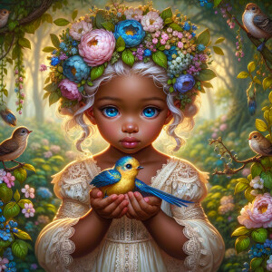 A magical scene featuring a light-skinned African-American toddl...