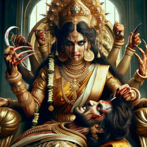 portrait of angry looking indian goddess sitting on a gold crown and carrying a weak mahishasur on her lap and poking him with her amazingly long red fingernails. She is wearing gold armor, a huge gold crown, gold saree, abundant  gold jewelry, covered in blood. The scene is set in ancient India. The image is 8K resolution, cinematic, photography, ultra detailed face and epic.