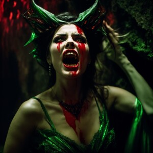 A horrifying vampire queen with unnaturally elongated jawbone, s...