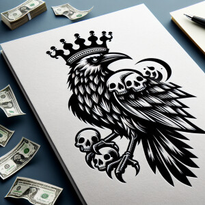 A menacing, three-headed crow perched above, adorned with skulls...