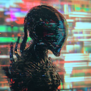 Depict a glitchy alien cyborg composed of VHS static and pixelated imagery intertwined with retro circuitry, all flickering on an aged CRT monitor, infused with the aesthetic of a 1980s 1292 Advanced Programmable Video System.