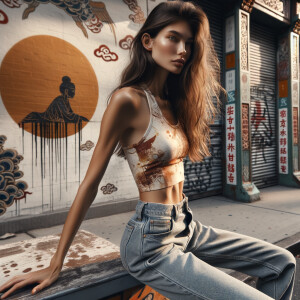 Athletic Thin skinny Attractive, Asian teenage girl, long brown hair and bangs, wearing tight skinny jeans and a halter top paint marks on her clothing, heroic pose Asian graffiti background, backside view