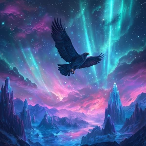 A cosmic eagle soaring over a vast nebula landscape, with floati...