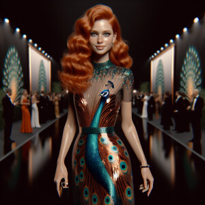 Photorealistic image of ginger haired woman attending gala in pe...