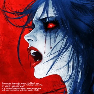 Create an image of a woman who has long, flowing blue hair and p...