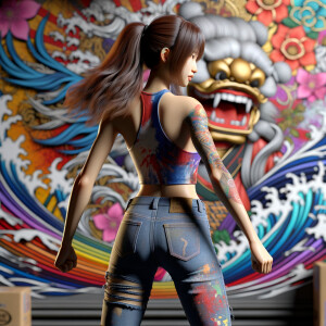 Athletic Thin skinny Attractive, Asian teenage girl, long brown hair and bangs, wearing tight skinny jeans and a halter top paint marks on her clothing, heroic pose Asian graffiti background, backside view