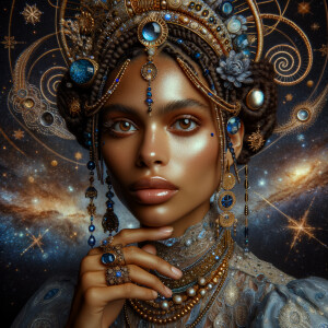 "Create a portrait of a regal  latino woman with an ethereal and cosmic theme. Her skin is a glossy light tan brown, with a smooth and flawless finish that reflects light. Her eyes are a striking hazel brown, like sapphires, with a makeup that accentuates their shape and the intensity of their color. Her hair is styled into an intricate array of braids, coils, and twists that cascade down and frame her face, adorned with beads and jewels that catch the light. She wears an elaborate headdress made of swirling patterns and motifs that evoke the mysteries of the universe, studded with shimmering stones and intricate enamel work in hues of blue and gold. Her attire consists of a cascade of layered necklaces and a majestic, shoulder-grazing earring, each piece detailed with a mix of precious stones, metals, and intricate beadwork. The background is a tapestry of stars and nebulas, suggesting a connection to the cosmos. Her pose is serene, with a hand gracefully touching her chin, adorned with rings that complement her other jewelry, all coming together to suggest an aura of wisdom and grace."