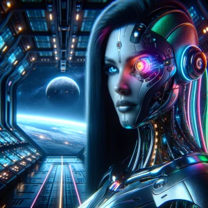 > A stunning female cyclops android with one glowing cybernetic...