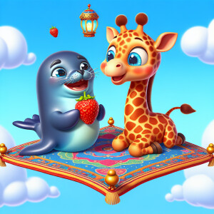a sea seal and a giraffe float on a magic carpet  eating strawbe...