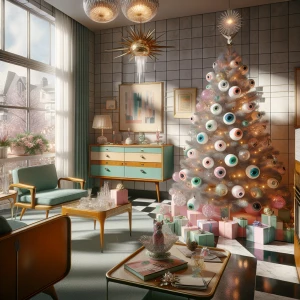 Design a 1950s-era vintage Christmas scene set in a stylish apar...