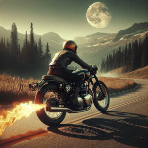 a motorcyclist of triumph 
leaves a fiery trail on the road whil...