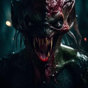 A grotesque vampire alien with sharp fangs, slimy skin, and a lo...