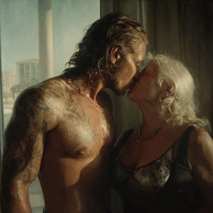 Hyperrealism   ,a latin muscular beefy tattoed sweaty man kissin...