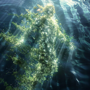 Vivid animation of sea moss underwater, glowing and releasing en...