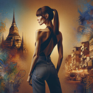 Athletic Thin skinny Attractive, Asian teenage girl, long brown hair and bangs, wearing tight skinny jeans and a halter top paint marks on her clothing, heroic pose Asian graffiti background, backside view