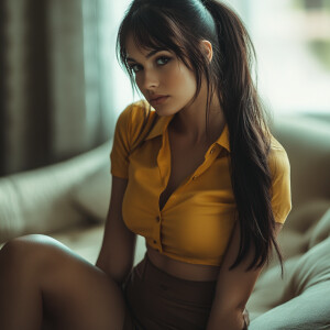 Capture the elegance of a fair-skinned woman with dark long hair...