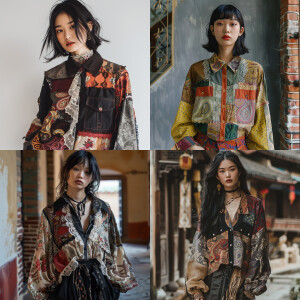 Describe a blouse featuring patchwork, a front open design with...