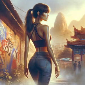 Athletic Thin skinny Attractive, Asian teenage girl, long brown hair and bangs, wearing tight skinny jeans and a halter top paint marks on her clothing, heroic pose Asian graffiti background, backside view