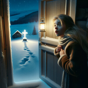 A girl with blonde hair opens the door of the house, at night in...