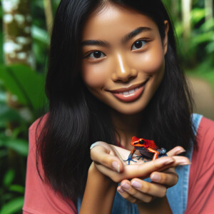 Young woman with a red frog