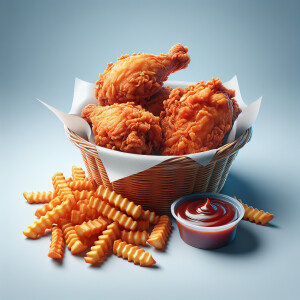 Create a realistic image of a three-piece crispy fried chicken,...