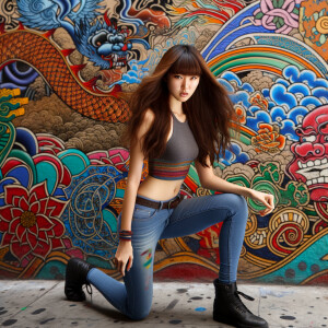 teenage girl, long brown hair and bangs, wearing tight skinny jeans and a halter top paint marks on her clothing, heroic pose Asian graffiti background, nearing on one knee