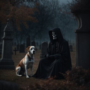 Create a realistic photo-style image of the Grim Reaper seated s...