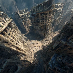 A vast, abandoned cityscape. Crumbling buildings fill the enviro...