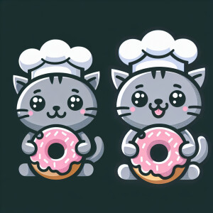 A gray kitten with a chef hat on its head eating a donut