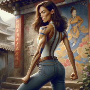 Athletic Thin skinny Attractive, Asian teenage girl, long brown hair and bangs, wearing tight skinny jeans and a halter top paint marks on her clothing, heroic pose Asian graffiti background, backside view