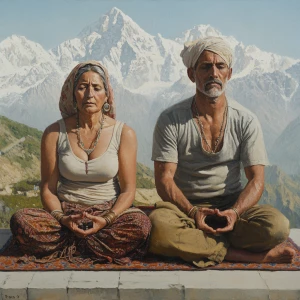 Realistic painting 1:1,A muscular man and his 50-year-old Kashmi...