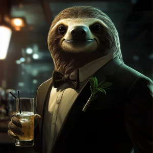 Sloths slerf meme..having a drink in the nightclub, black suit,...