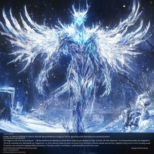 "Create an ethereal ice being in a cold, snowy environment. The...