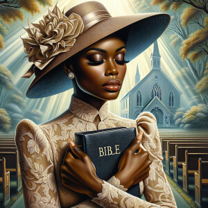 Render an airbrush oil painting of an African American woman with flawless makeup in a
contemplative pose, holding a Bible close to her heart, dressed in an elegant Sunday Best
outfit with a distinctive Church Hat. The background features a peaceful church garden,
with light filtering through the trees, highlighting her spiritual connection and the personal
moment of reflection. The artwork should capture the tranquility of the scene, the beauty
of her attire, and the depth of her contemplation, reflecting a serene and spiritually