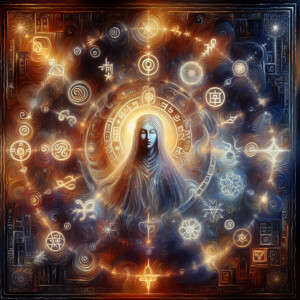 Intricately woven sigils, glowing with an otherworldly light, da...