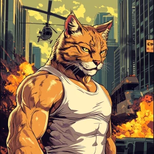 Create an image of a muscular humanoid cat character, featuring...