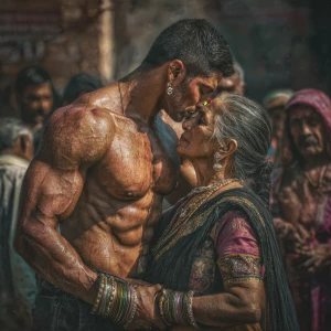 Hyperrealism photo painting. a muscular, sweaty criminal indian...