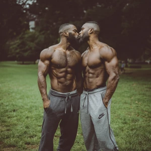 two black men, bodybuilders, six pack in stomach,  black hair, b...
