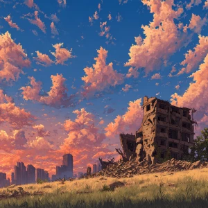 After the storm comes calm good weather. a ruined city in the ba...